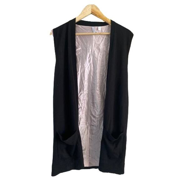 IISLI New York Womens Black Wool Silk Long Tunic Vest Sleeveless Cardigan Sz S - Picture 2 of 11
